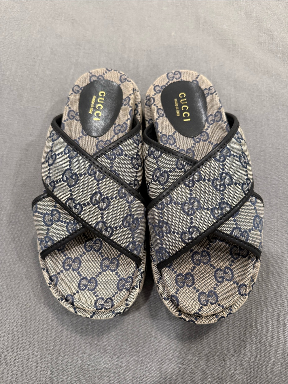 GG navy & Beige Canvas Cross-Strap Sandals - Picture 1 of 5